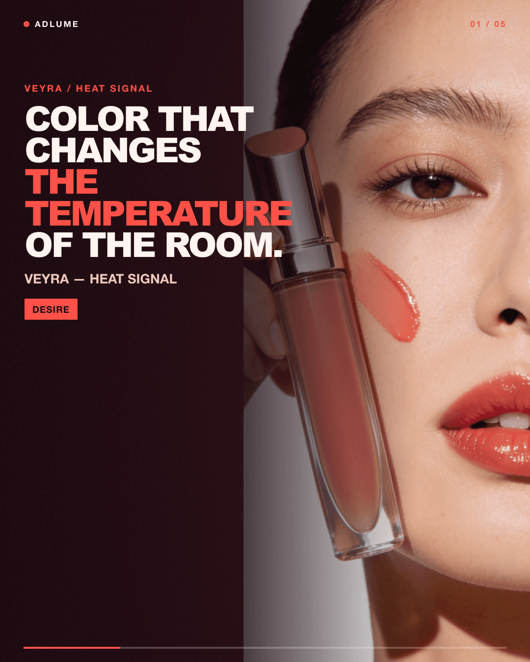 Fictional makeup campaign frame designed to create product desire