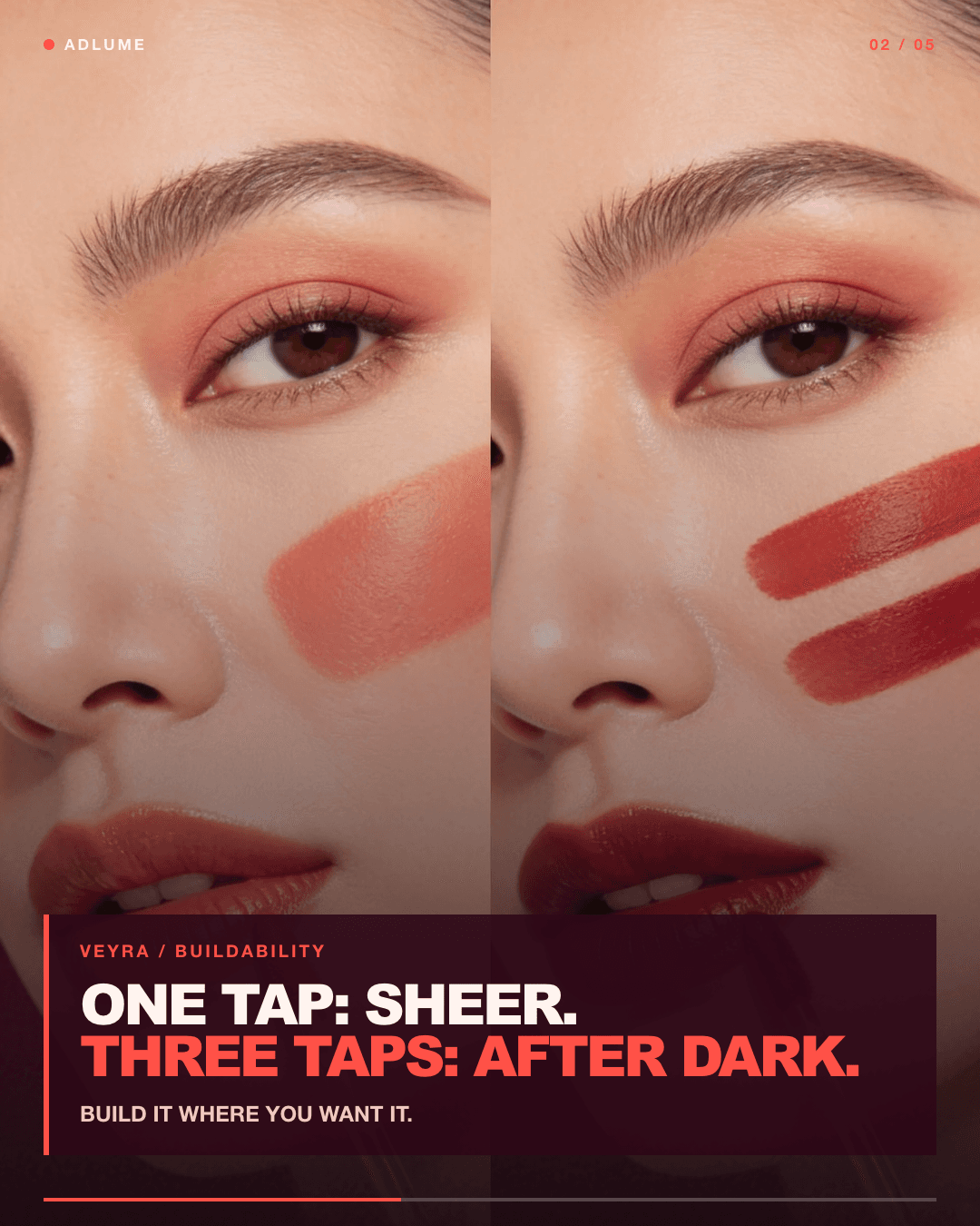 Fictional makeup campaign frame making the formula and finish legible