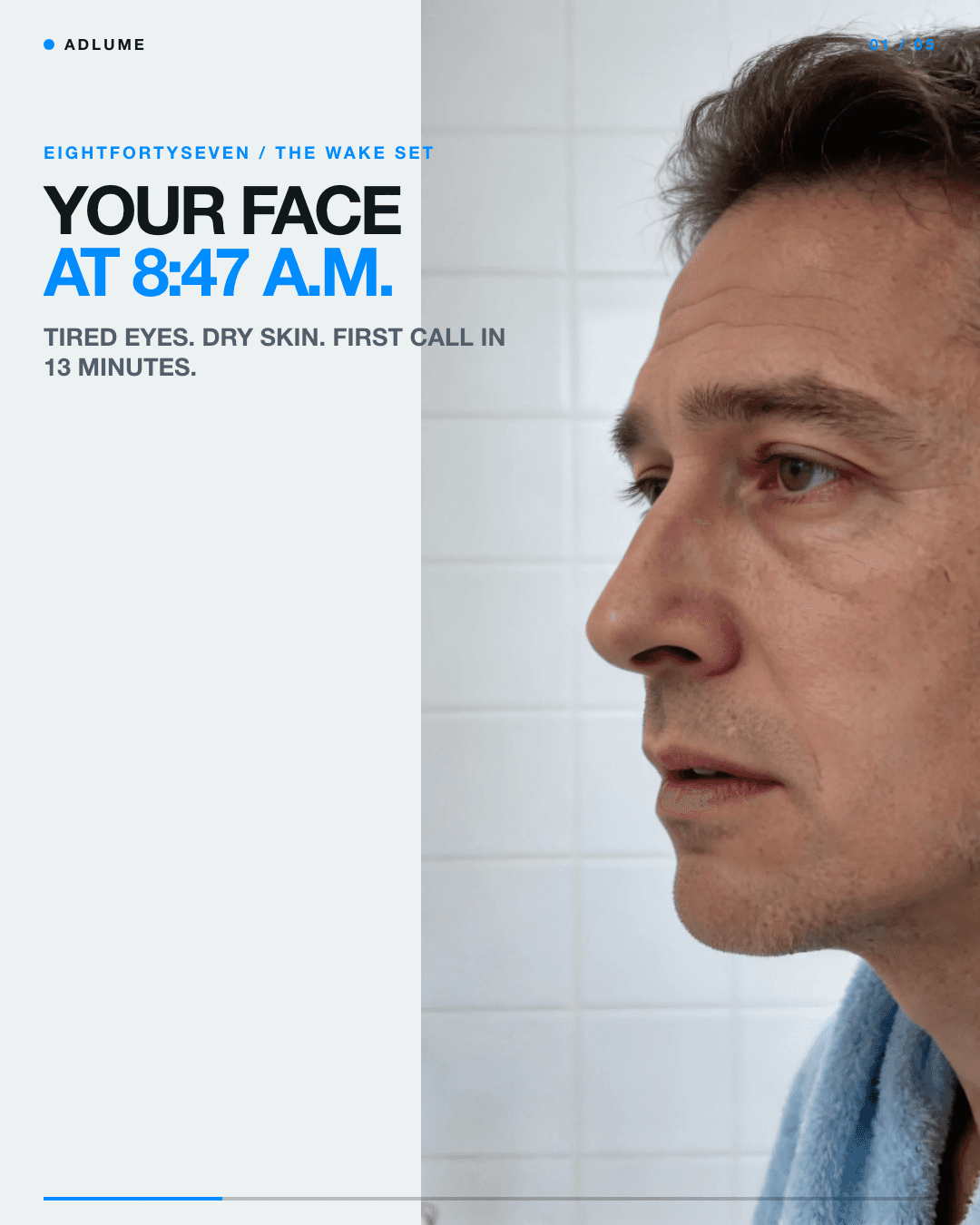 Fictional men's skincare campaign frame built around morning routine friction