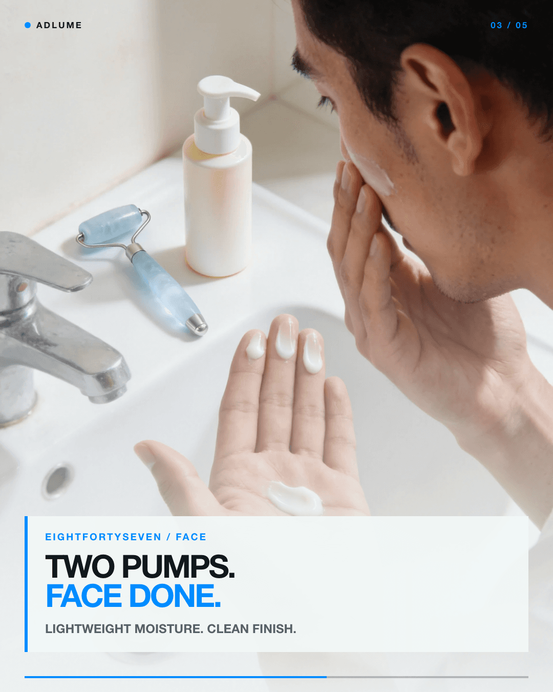 Fictional men's skincare campaign frame showing the product in a simple routine