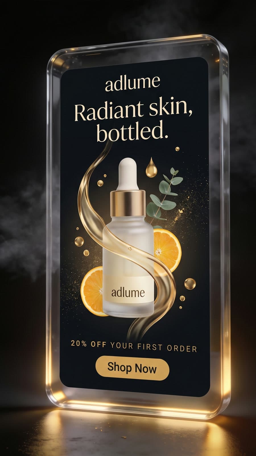 The same fictional skincare product rebuilt as an Adlume portfolio concept