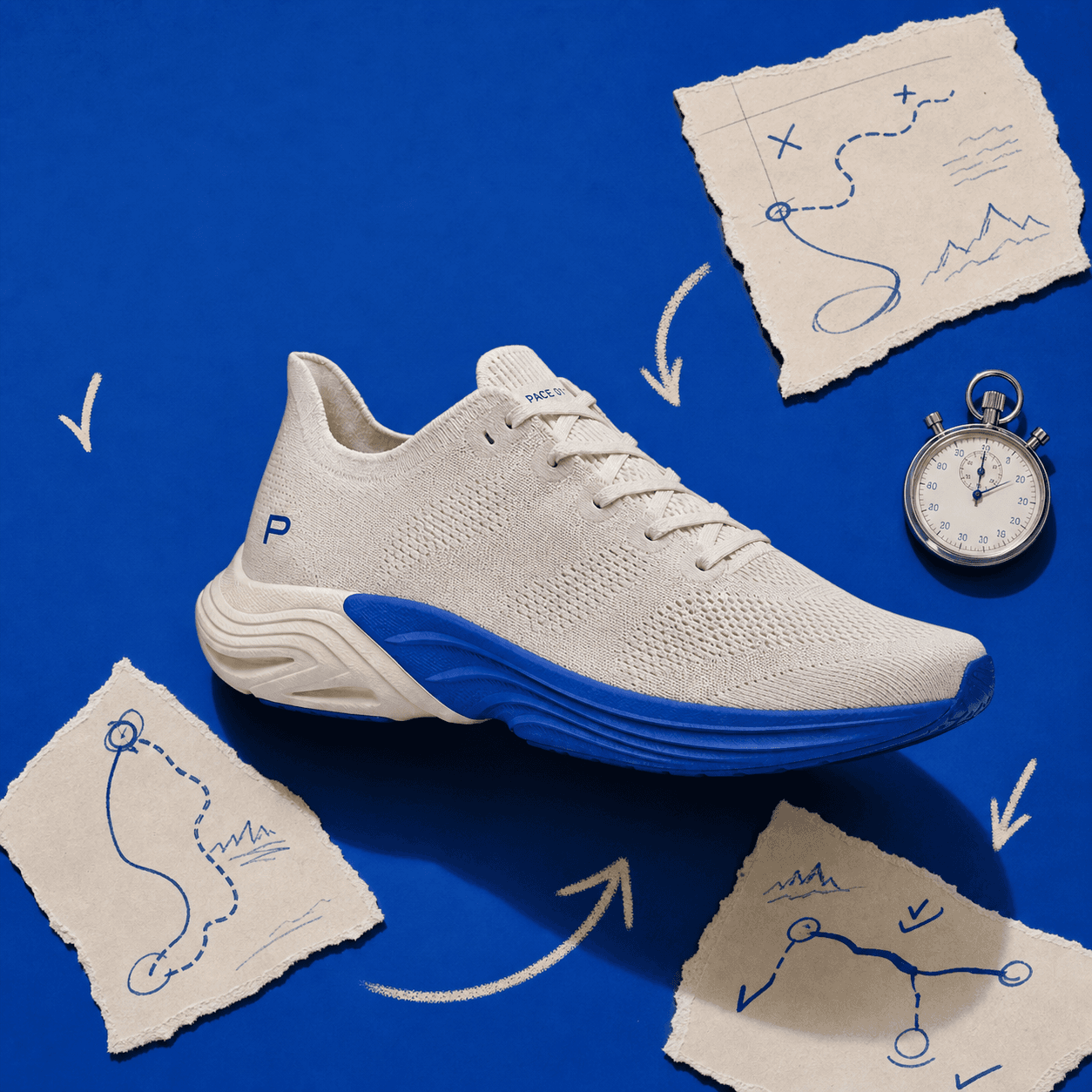Adlume concept of the same fictional PACE 01 shoe in a social-native route board