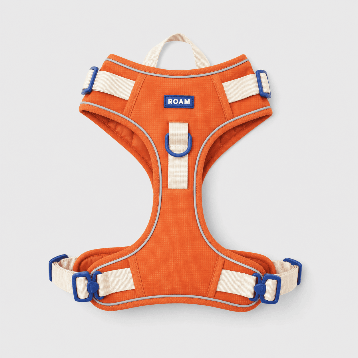 Demo source photo of a fictional ROAM dog harness on a neutral studio set